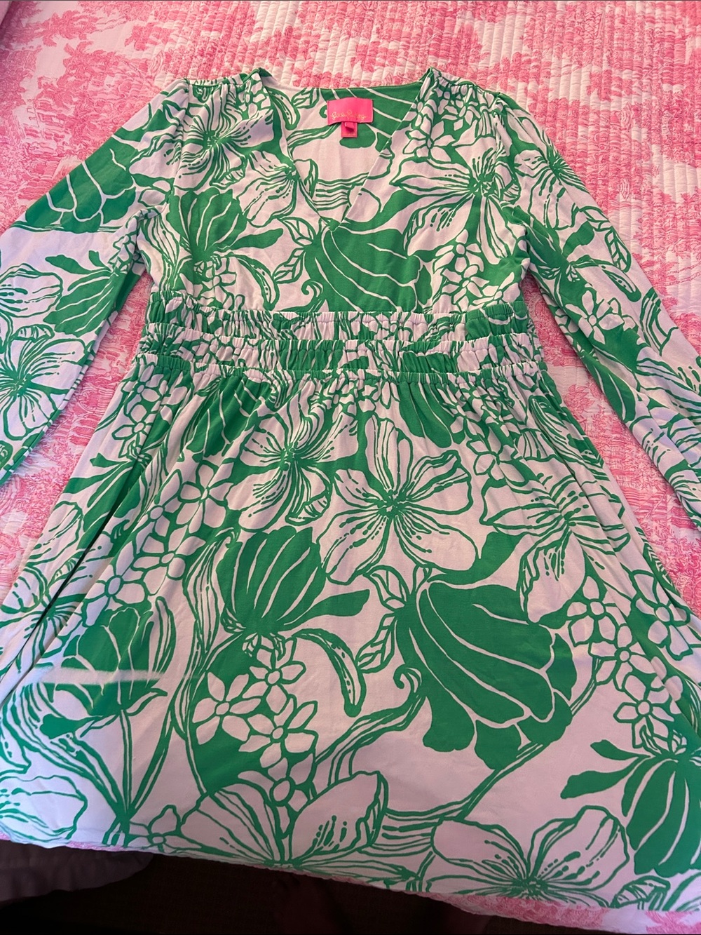 Lilly Pulitzer Green and White Floral Dress with Pink Label